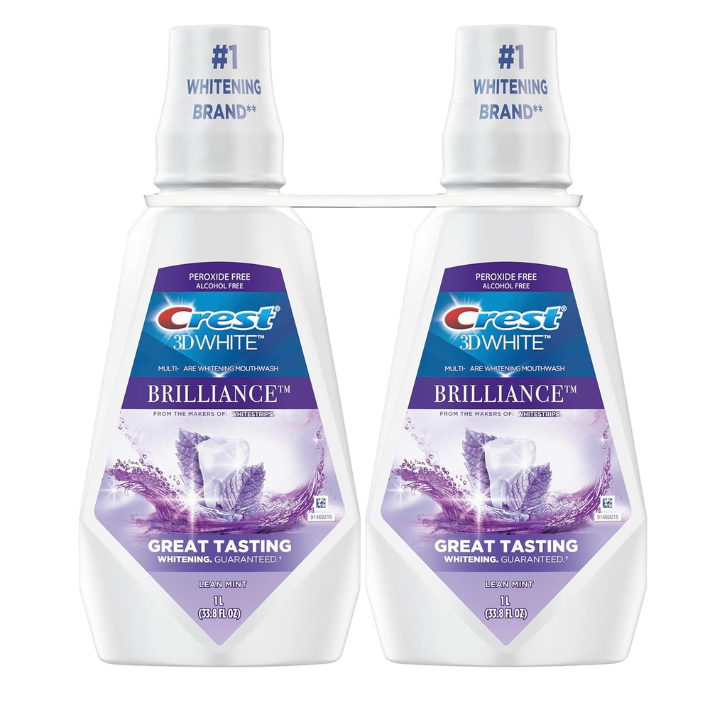 Crest Mouthwash/Mouth Rinse, 3D White Brilliance Whitening, Alcohol Free, Clean Mint, 2x1L (33.8 fl oz)