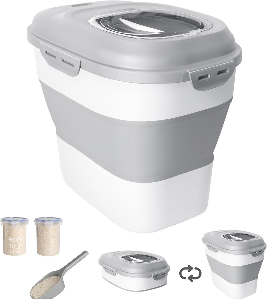 20-50 Lbs Food Storage Container With Wheel, Airtight Locking Lid, Collapsible Rice Container, Flour Storage With Small Container and Scoop, Suitable for Pet Food