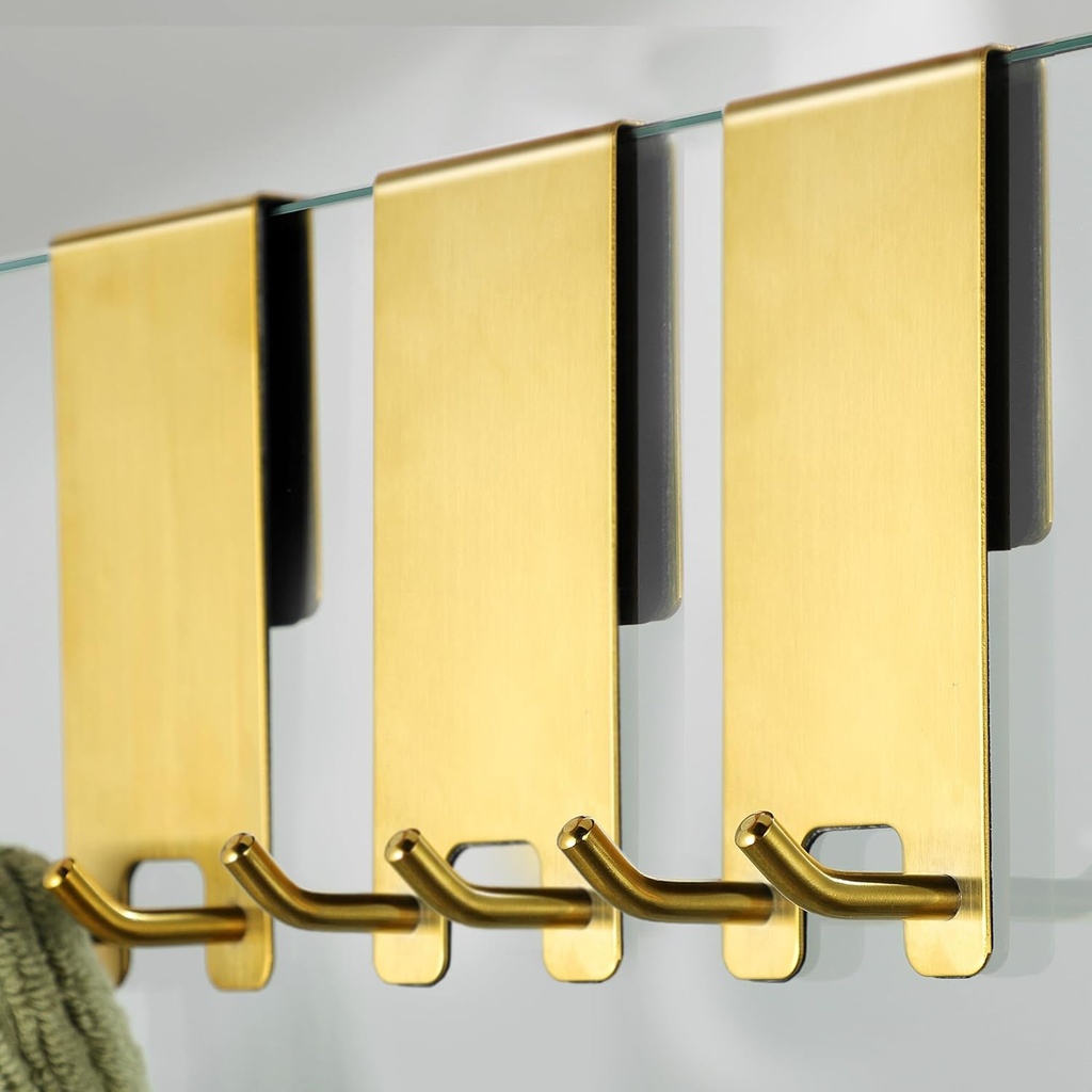 Taozun Towel Hooks for Bathrooms - Over Shower Door Hooks for Towels on Frameless Glass, Gold Stainless Steel, 3-Pack