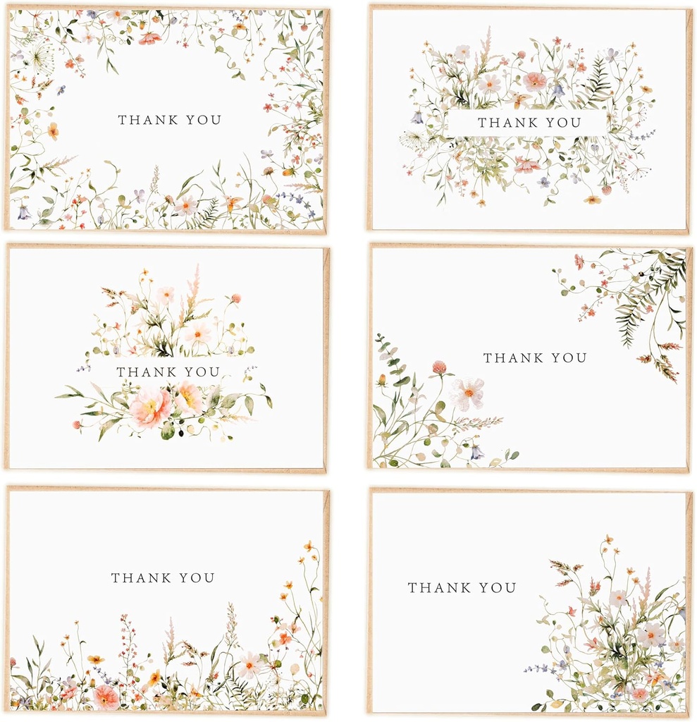 52-pack Floral Thank You Cards Bulk with Kraft Envelopes & Matching Stickers, 3.5x5 Inches, 6 Wildflower Designs | Perfect for Weddings, Baby & Bridal Showers, Graduations & Birthday