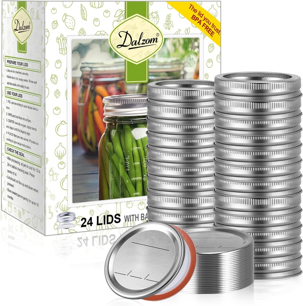 Dalzom® 48Pcs Canning Lids with Rings Regular Mouth, Premium Mason Jar Lids with Bands/Rings for Ball, Kerr Jars - Food Grade Material, 100% Fit & Airtight for Regular Mouth Mason Jars