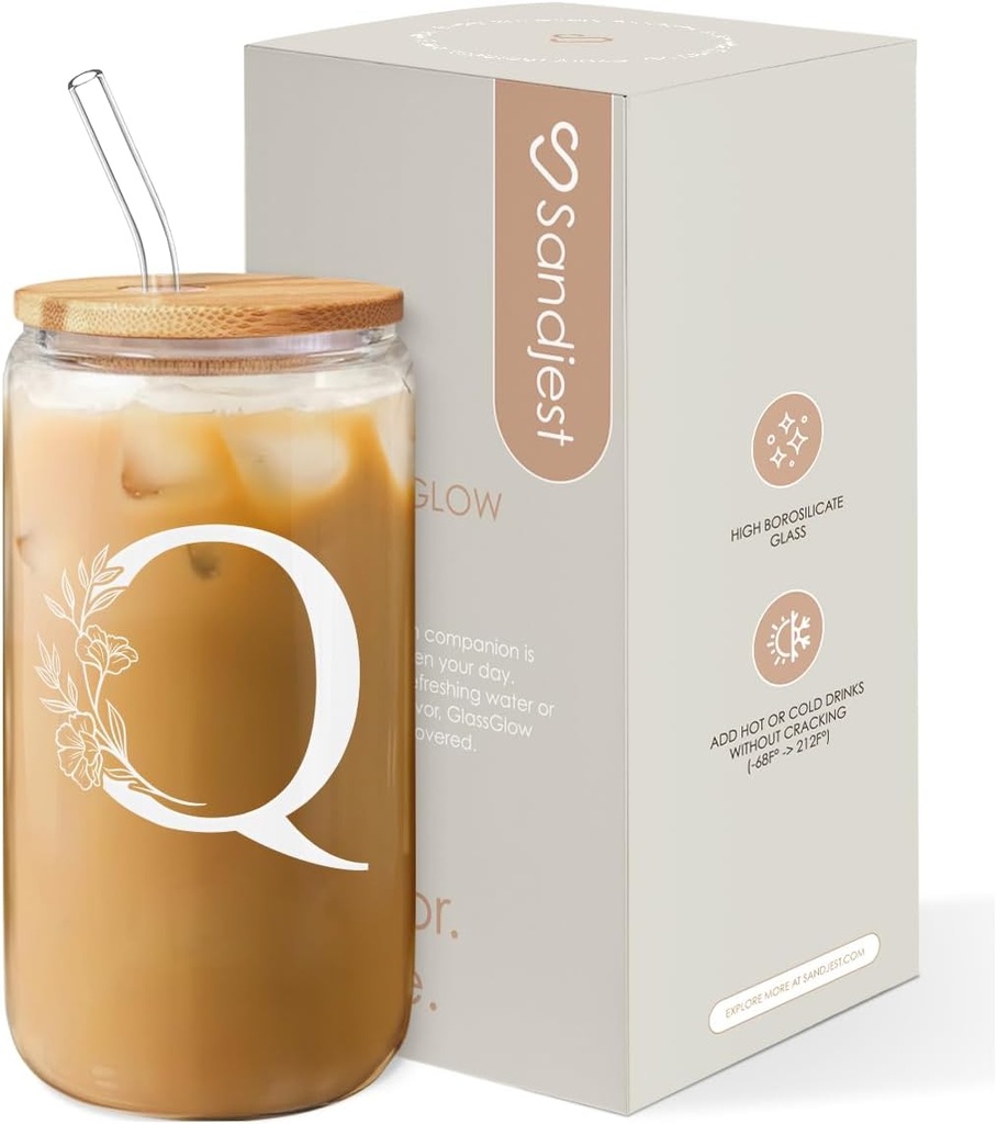 SANDJEST Monogrammed Gifts for Women - Monogram Q Initial Glass Cup 16 Oz Can Coffee Cups with Lid and Straw - Monogram Initials Gifts for Womens on Birthday