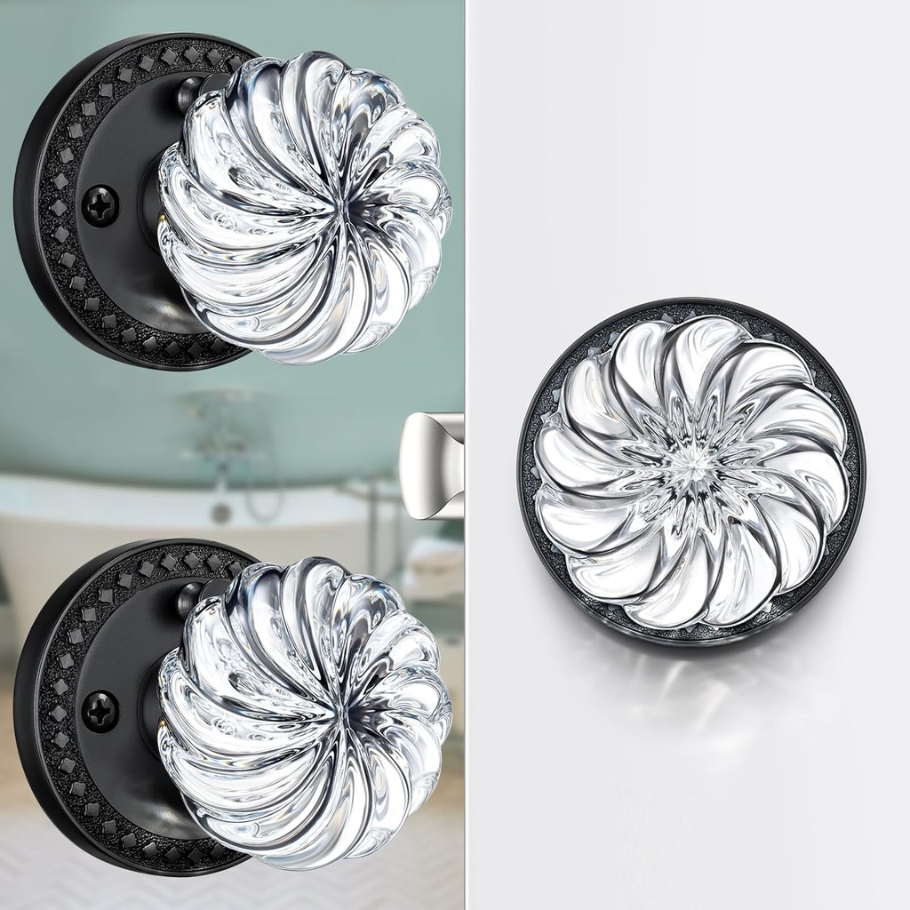 Glass Door Knobs with Lock, Matte Black Crystal Door Knobs Interior for Privacy Use, Round Vintage Antique Crystal Doorknob Set for Bathroom & Bedroom, 3 Pack
