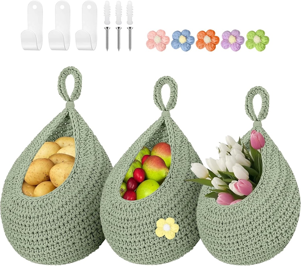 Boho Hanging Fruit Baskets for Kitchen with Hooks and Deco Flowers, 3 Pack handwoven Cotton hanging basket, Wall Basket for Vegetable Potato Onion Home Produce Storage (green)