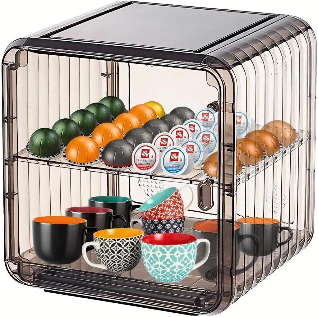 Coffee Bar Organizer for Countertop - 2 Tier,Mug & Coffee Cup, K Cup Pod Storage Shelf, Multifunctional Kitchen Cabinet organizer for Coffee Bar & Kitchen Condiments (Grey, Medium)