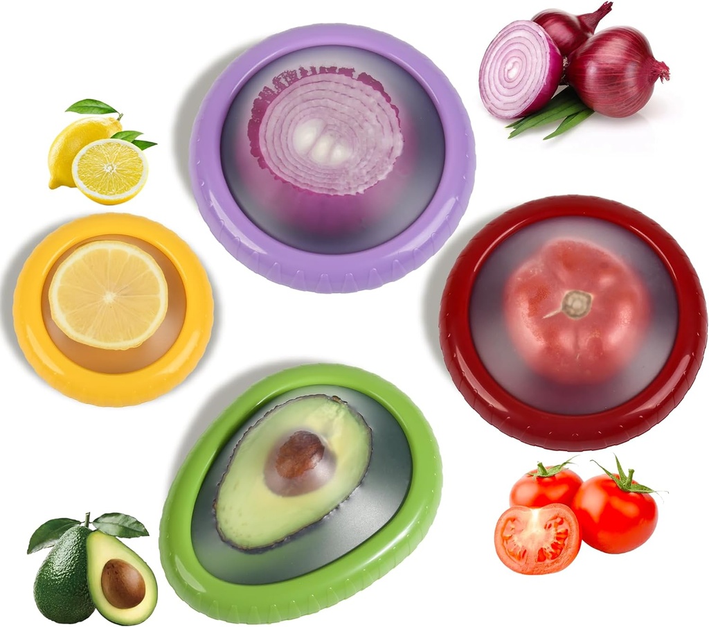 Avocado Saver Onion Storage 4Pcs,Reusable Silicone Fruit Vegetable Containers For Fridge,Anti-oxidation Fresh Stretch Pod Food Box Set for Lemons Tomato Garlic Potatoes Apples,Dishwasher Safe