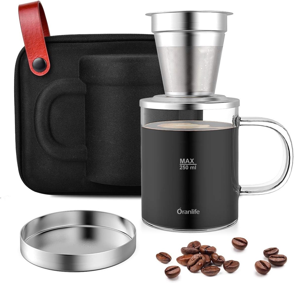 Pour Over Coffee Maker Set for Travel/Camping/Hiking, Single Cup, Stainless Steel Coffee Filter, 14 Oz Borosilicate Glass Mug, Extra Permanent Lid and Moulded Neoprene Case, at Home/Office