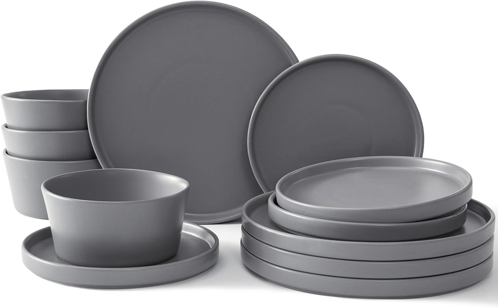 UMINEUX Ceramic Dinnerware Set for 4, 12-Piece Plates and Bowls Set for Kitchen and Dining, Modern Dishes Set, Dishwasher & Microwave Safe, Gray