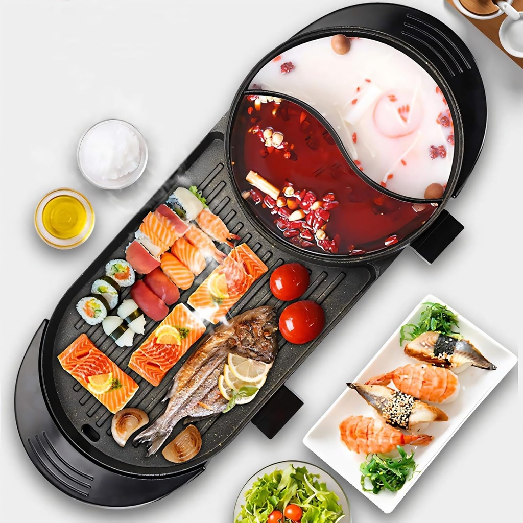 Hot Pot with Grill 2 In 1, Electric Indoor Shabu Shabu Pot Korean BBQ Grill, 1500W Non-Stick Removable Hotpot Pot with Dual Temperature Control, Large Capacity for 2-12 People