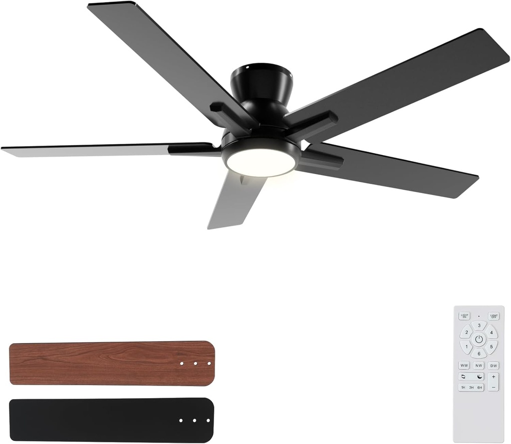 Sevenine 52 Inch Black Flush Mount Ceiling Fans with Lights and Remote, Black Low Profile Ceiling Fan for Bedroom Living Room Patio/Outdoor, Quiet 6 Speed Reversible DC Motor, 3CCT, Dimmable, 3 Timers