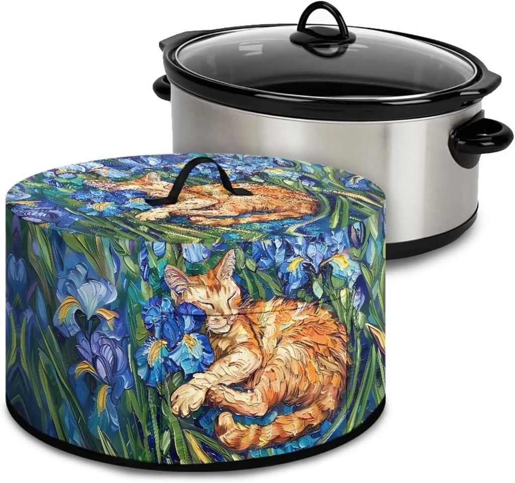Cute Cat and Floral Slow Cooker Dust Cover Crock for Pot Cover Fits 6 7 8 qt Oval Slow Cooker Small Appliance Protection Cover with Pocket Kitchen Accessories Decor