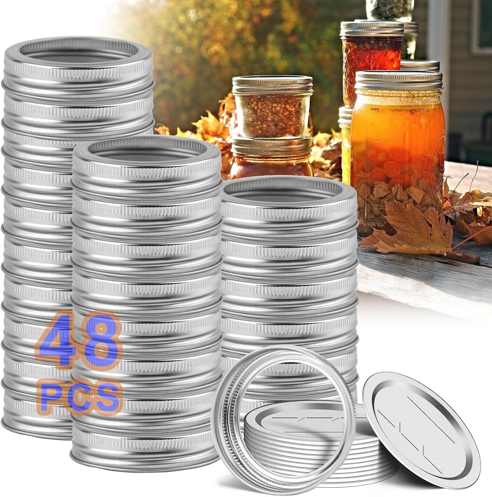 Canning Jar Lids With Rings For Mason Regular Mouth 48Pcs2.76in Regular Mouth Kerr Ball Jars Lids With Rings Good Sealing Performance Food Grade Material Kerr Mason Jars For Canning Food Fruits DIYJam