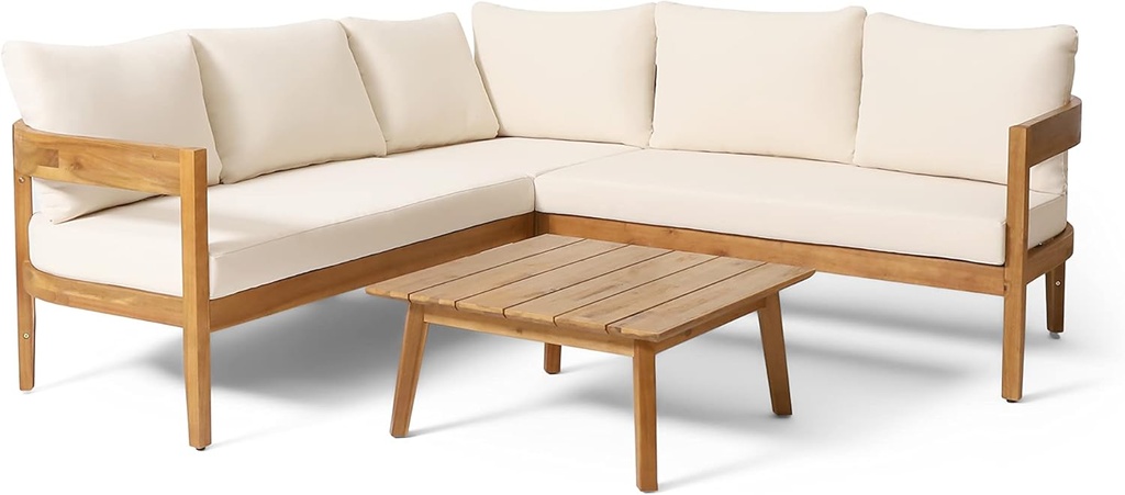 Christopher Knight Home Brooklyn Outdoor 5 Seater Sectional Sofa Chat Set with Cushions - Acacia Wood - Teak/Beige
