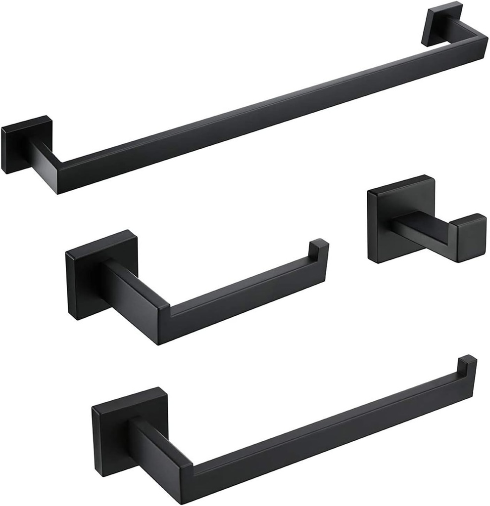 BAGNOLUX Matte Black Bathroom Accessories Set 4 Pieces, Bathroom Towel Holder Set Stainless Steel, Black Towel Bar Towel Racks for Bathroom Wall Mounted, Square Bathroom Hardware Set Heavy Duty
