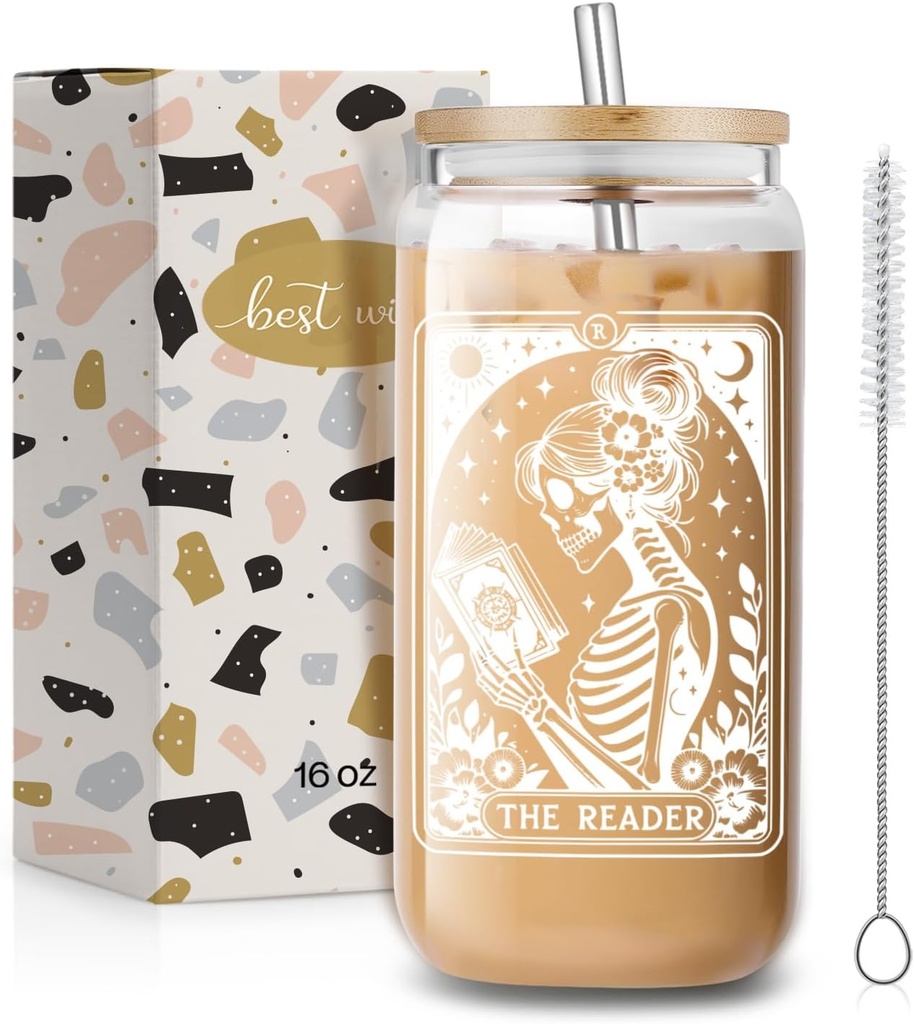 The Reader,Bookish Skull Drinking Cups Gift for Women Mom Sister Book Lover,Witchy Gifts for Women,Spooky Ice Coffee Drinking Jar Gifts for Birthday Mother's day-11