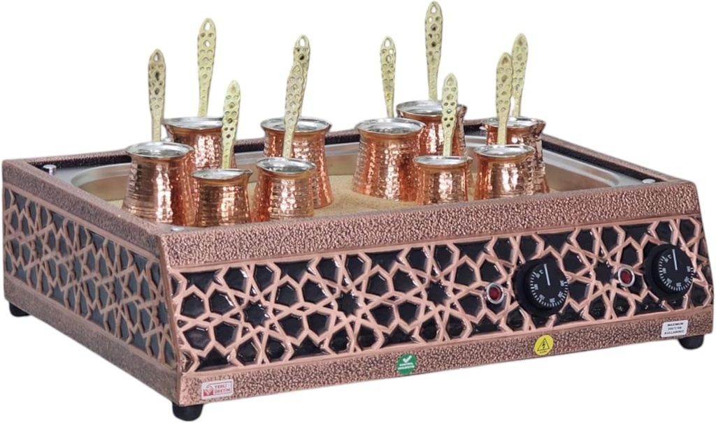 Tulip Home - Authentic Turkish Copper Electric Hot Sand Big Coffee Maker Heater Machine Seljuk Model 110V - 220V + 10 Size Turkish Coffee Pot