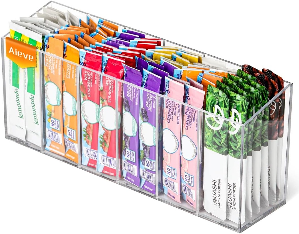 AIEVE Drink Packet Organizer, Water Drink Packet Holder with Removable Divider, Water Flavor Packet Organization Container for Kitchen Organizers and Storage (6 Compartments)
