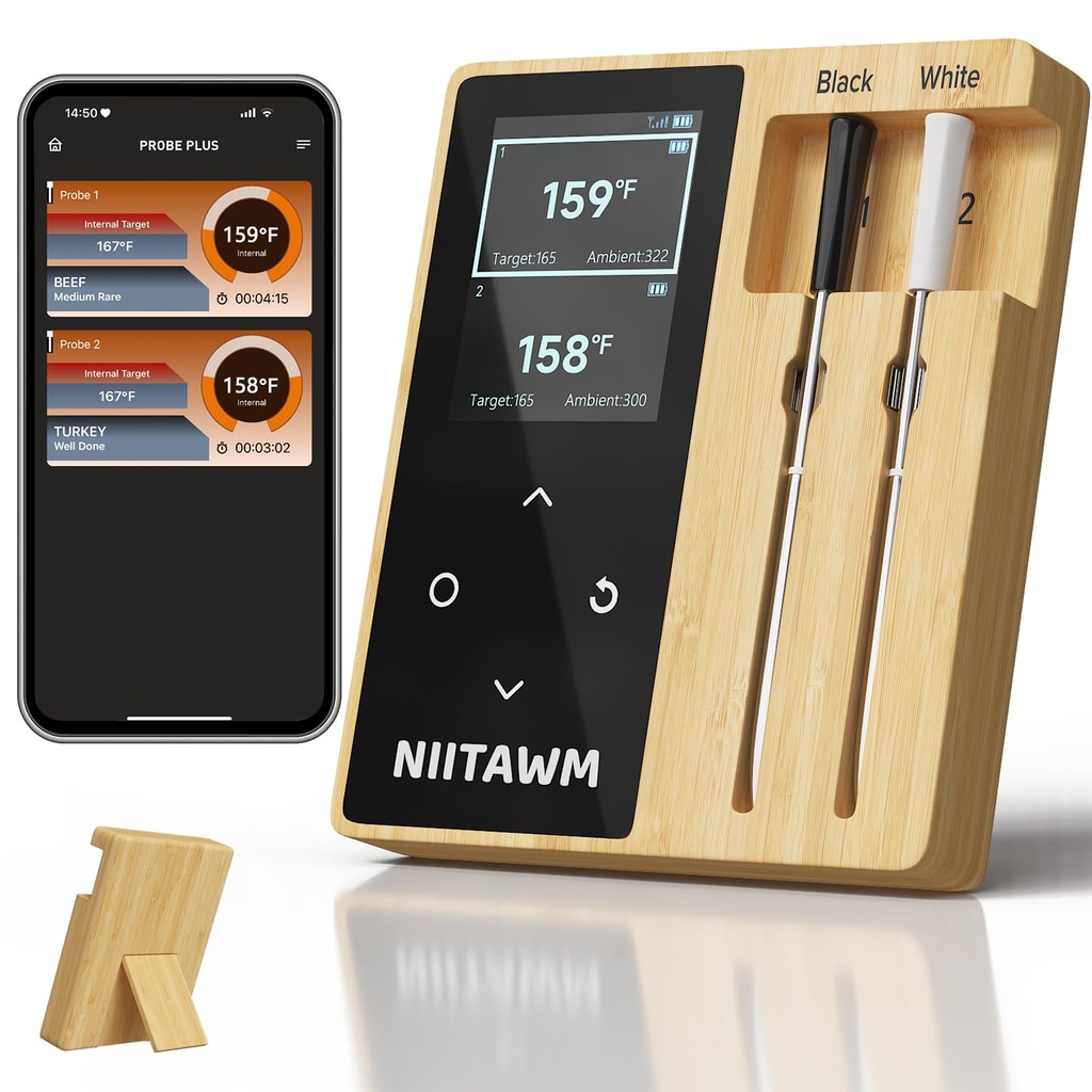 Niitawm Bamboo Dual Probe Wireless Meat Thermometer, Bluetooth Meat Thermometer Digital Wireless App, Long Range Temp Air Fryer Thermometer, Oven Thermometer, Food Grilling Accessories, Cooking Gifts