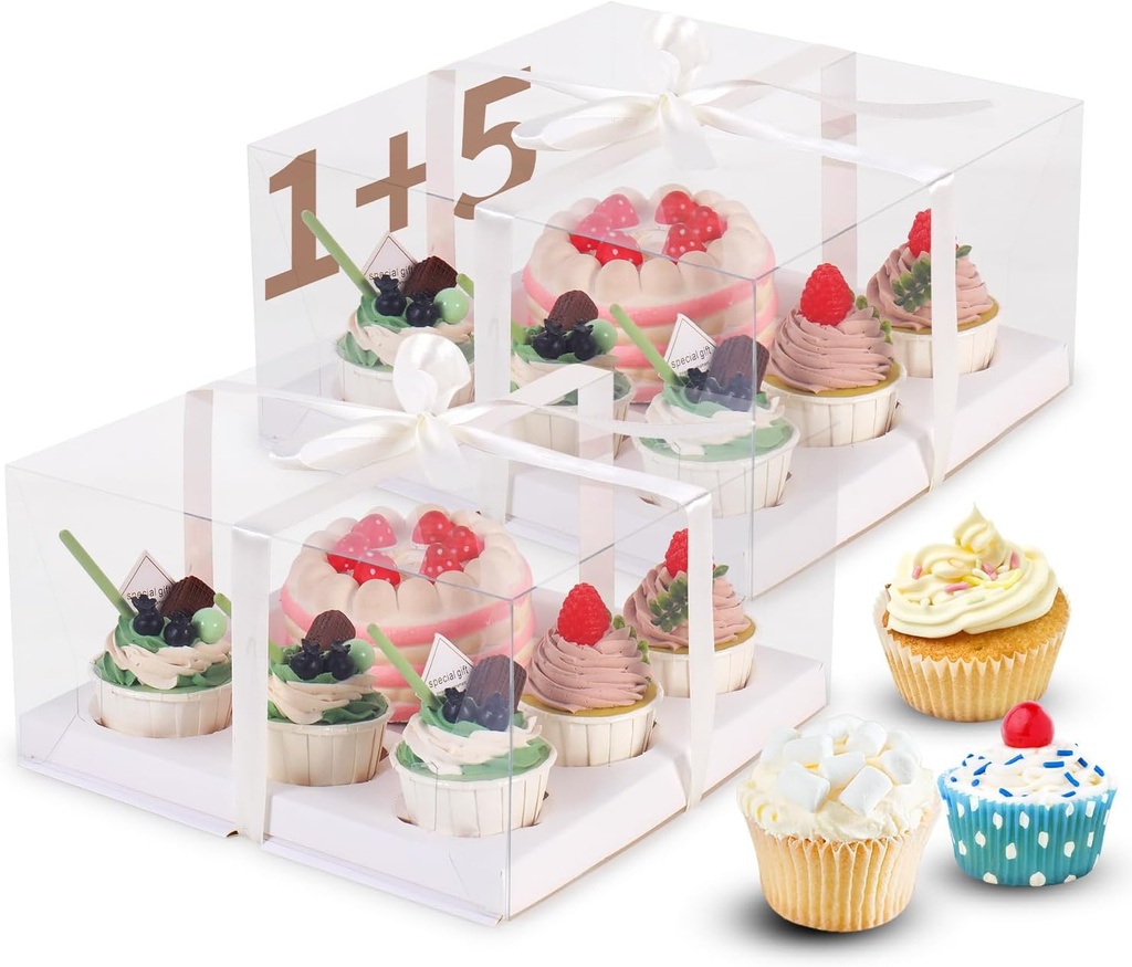 3Pcs Bento Cake Box and Cupcake 1+5 Combination Clear Window Bento Boxes, 6 Holes Bento Vake Box Suitable for 5 Regular Cupcakes and Mini Cakes (White/clear, 1+5/3pcs)