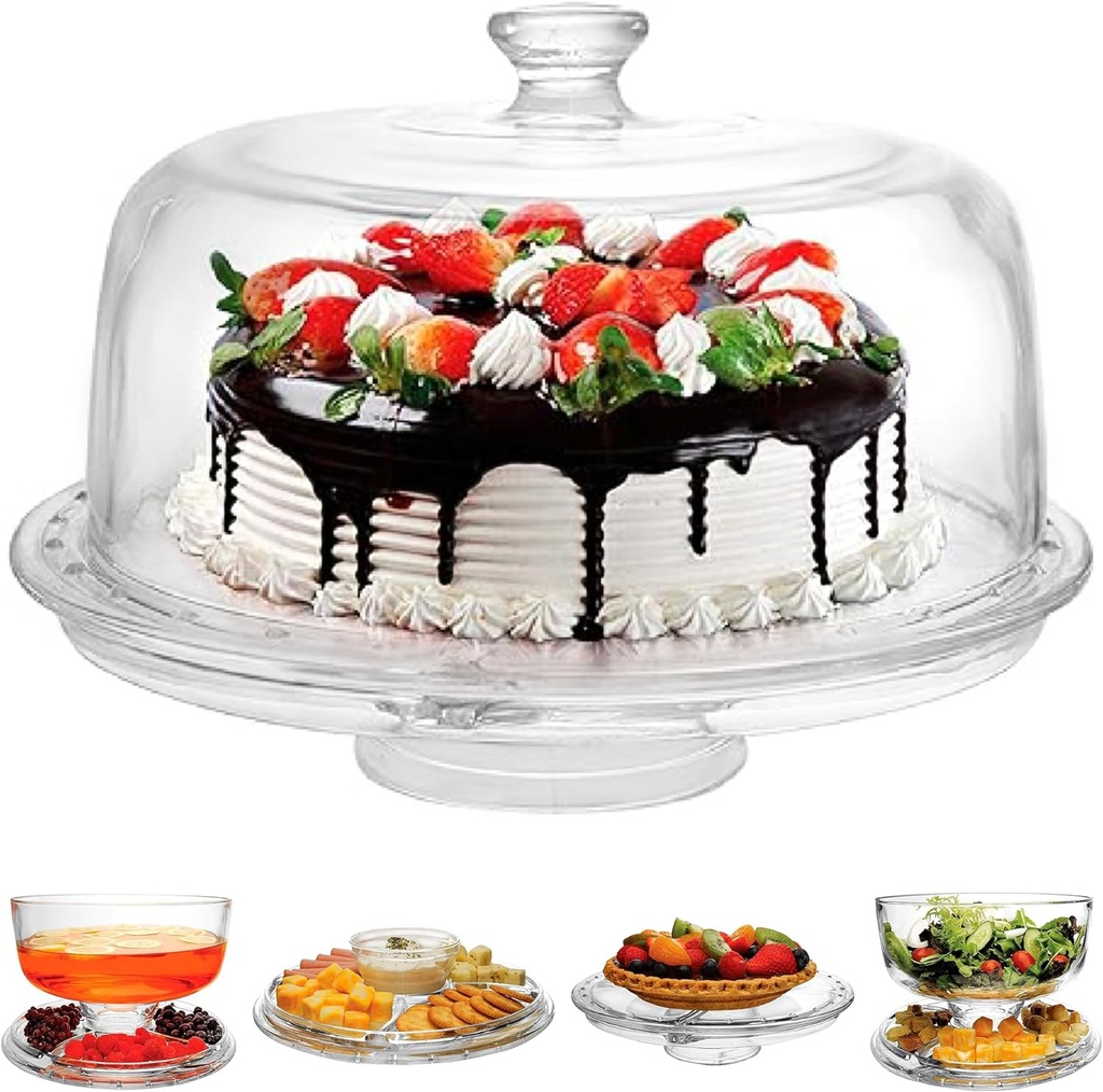 JOEY'Z Extra Large (12") 6 in 1 Acrylic Cake Stand with Dome Lid Multifunctional Serving Platter and Plate, Salad Bowl/Veggie Platter/Punch Bowl/Desert Platter/Chips & Dip - BPA Free