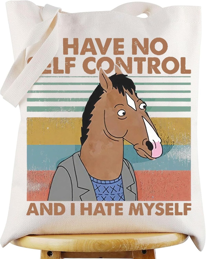 WZMPA Funny Cartoon Horse Fans Tote Bag Cartoon Fans Gift I Have No Self Control And I Hate Myself Reusable Grocery Bag