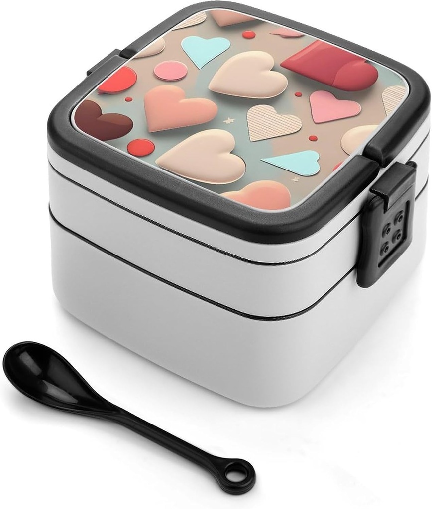 Bento Lunch Box for Women Lunch Containers for Adults Love Pattern Double Layered Lunchbox Large Capacity Bento Box with Cutlery for Work Picnic Camping Travel