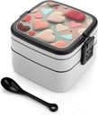 Bento Lunch Box for Women Lunch Containers for Adults Love Pattern Double Layered Lunchbox Large Capacity Bento Box with Cutlery for Work Picnic Camping Travel