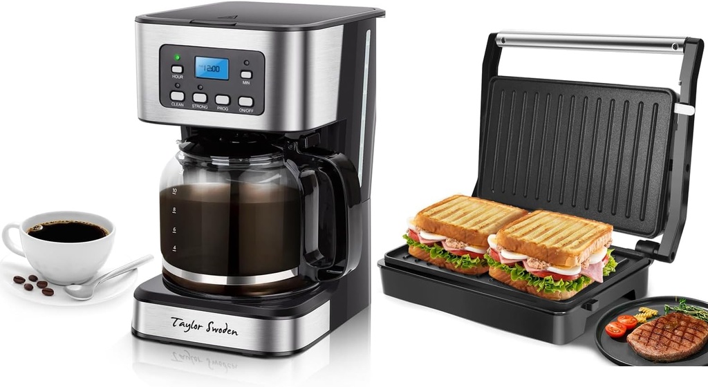 Taylor Swoden 12-Cup Programmable Coffee Maker, Drip Coffee Machine and Panini Press Sandwich Maker, Aigostar 1000W Sandwich Press Grill