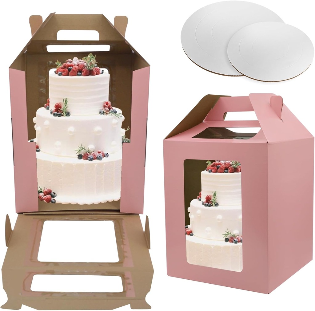 2 Pack Tall Cake Boxes with Window,Large Tiered 10x10x12 and 12x12x14 Inch with 2 Cake Boards,Disposable Cake Containers Carrier for Wedding Birthday