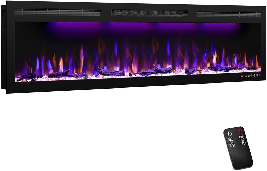 60 inch Electric Fireplace, Recessed and Wall Mounted Slim Electric Fireplace, 750/1500 Watt Heater Fireplace, Log & Crystal Hearth, Adjustable Realistic Flame, Remote Control & Touch Screen