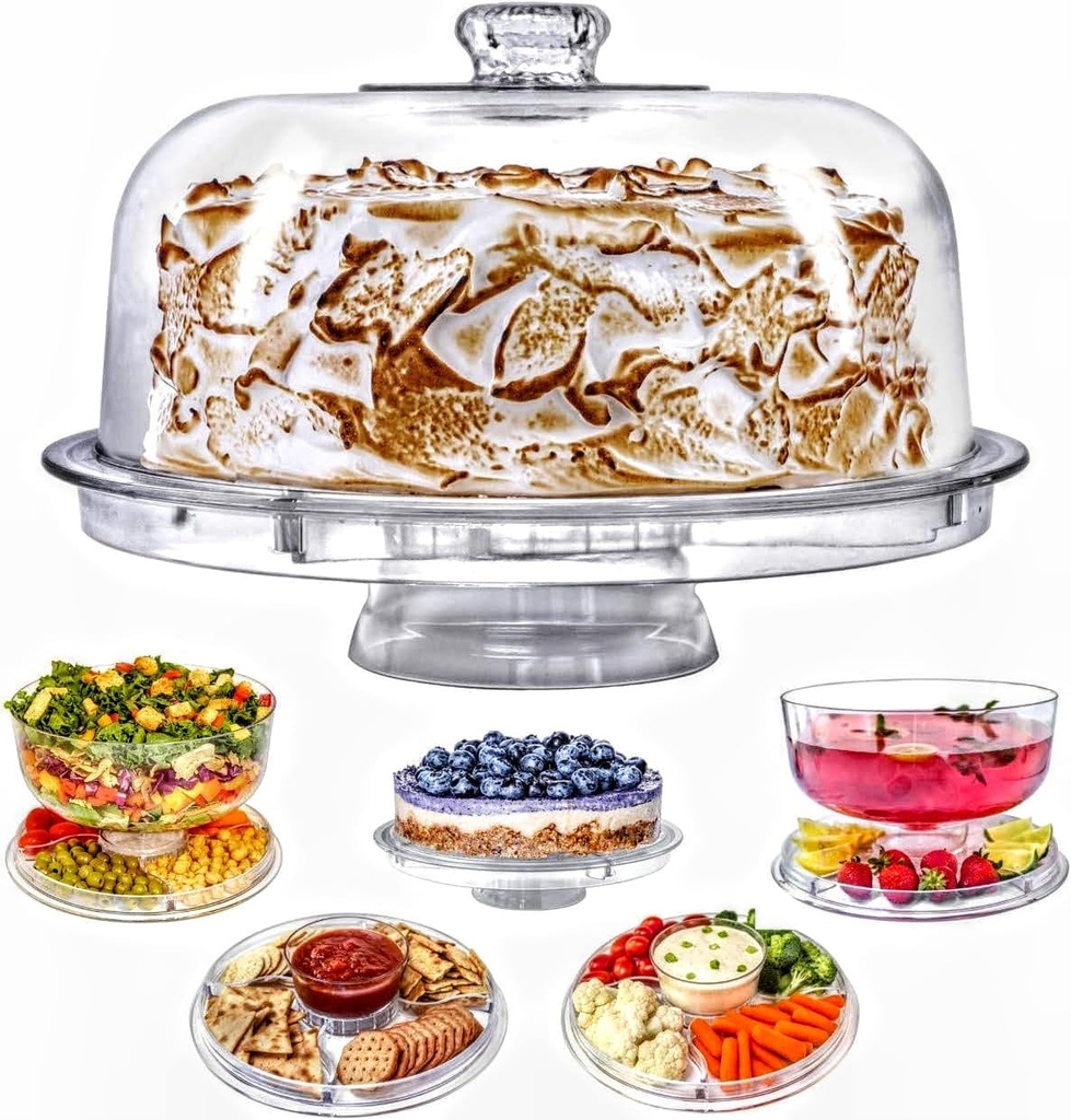 Cake Stand with Dome Cover, 6-in-1 Multi-Purpose Use, Cake Stand with Lid, Serving Platter, Punch Bowl, Desert Platter and More, BPA Free