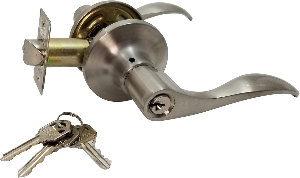 Lever Door Lock Entry Keyed Cylinder Wave Handle 3 Keys Stainless Steel Finish KW LH
