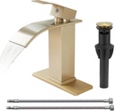 Homevacious Brushed Gold Deck Mount Waterfall Single Hole Faucet for Bathroom Sink Vanity with Pop Up Drain and Supply Hose RV Lavatory Stainless Steel Faucet