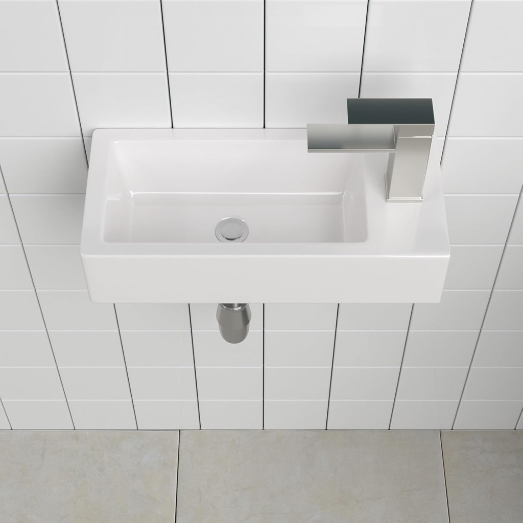 Sarlai Floating Vessel Sink Wall Mounted - 15"x7" Wall Mount Hang Small Bathroom Sinks Tiny Small Modern Rectangle Floating White Porcelain Ceramic Vanity Sink, Right Hand