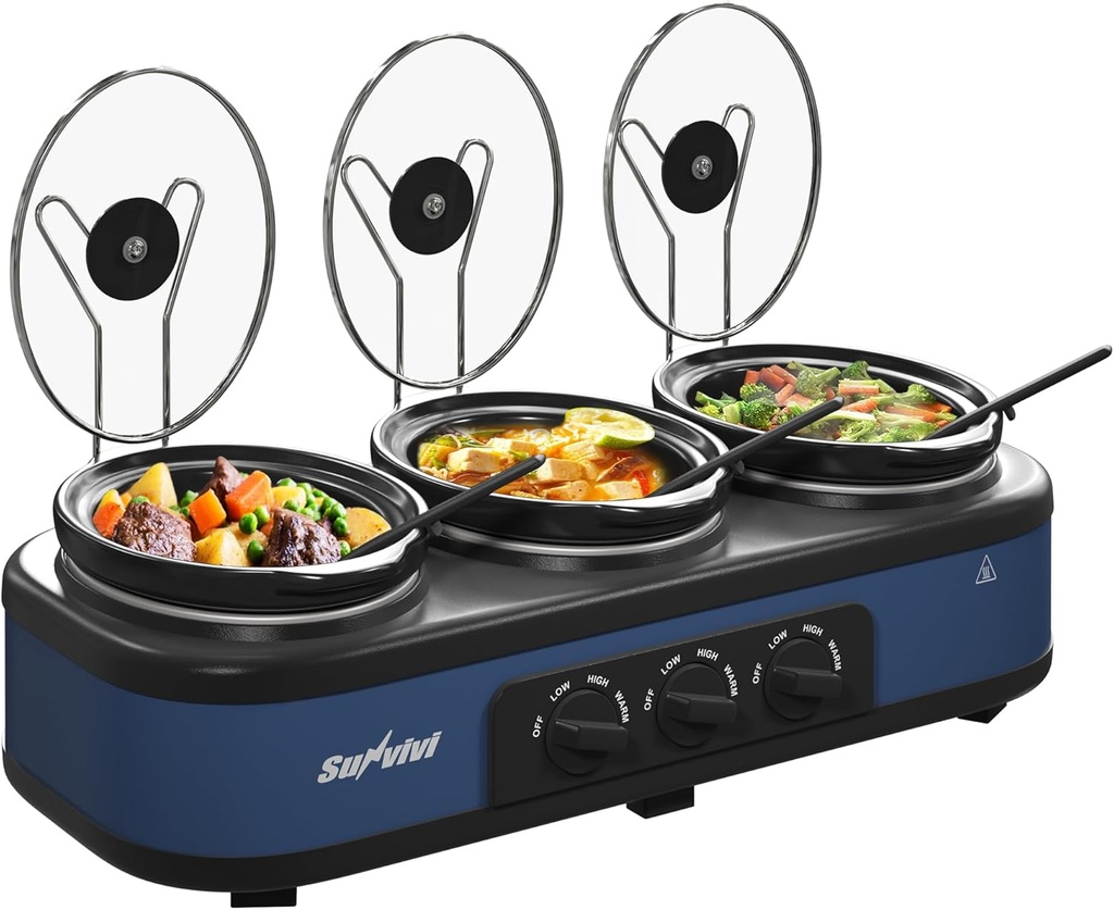 Triple Slow Cooker, Large Buffet Food Warmer with 3 x 2.5 QT Removable Ceramic Pots, Buffet Servers and Warmers with Glass Lids and 3 Spoons, Stainless Steel, Blue