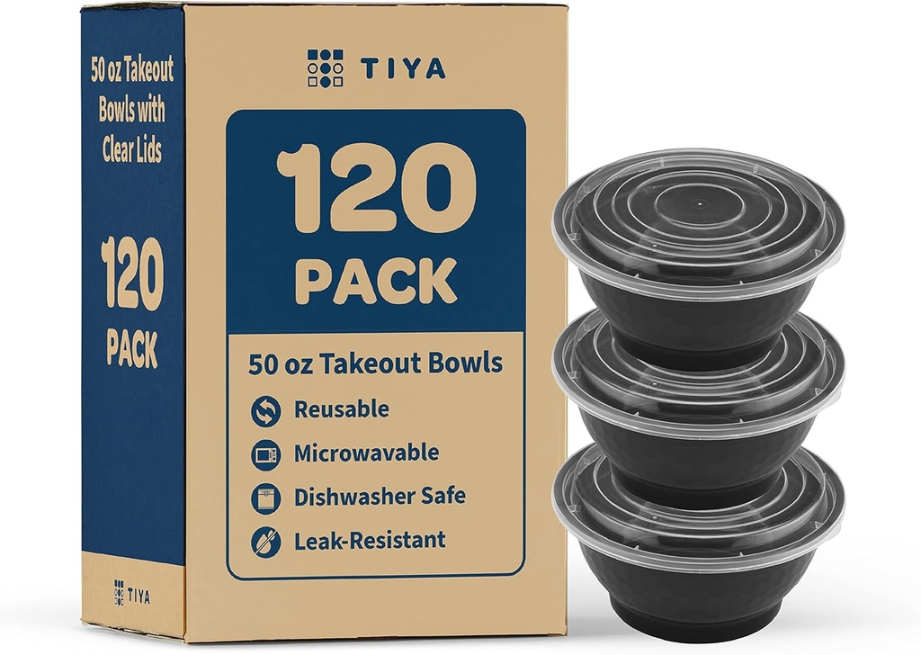 TIYA Food Containers - 50 oz Bulk 120 Pack with Lids - Plastic Bowl To-Go Containers - Reusable, Microwavable, Dishwasher Safe - Leak-Resistant for Soups & Meal Prep - BPA-Free