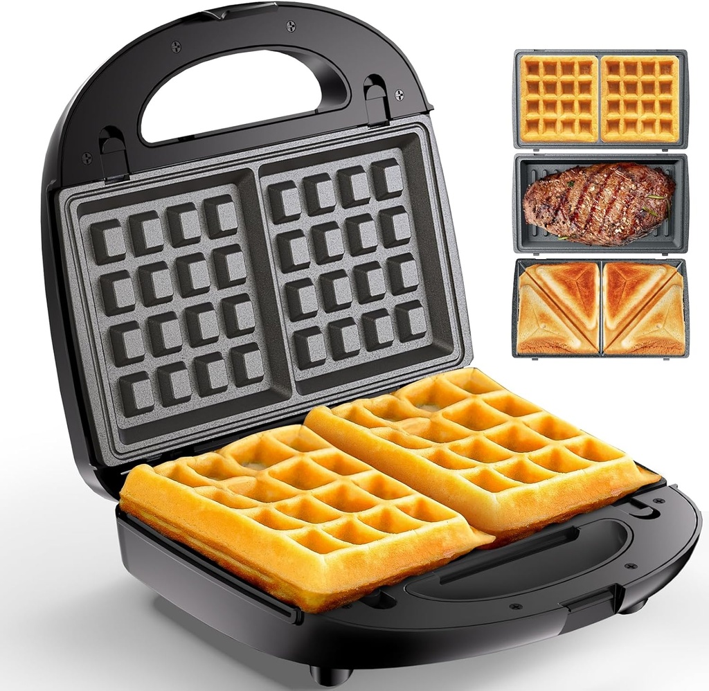 KEENSTAR 3 in 1 Electric Sandwich Maker, Waffle Maker with Removable Non-Stick Plates, Grill with Double-Sided Heating, Easy to Clean and Store, Perfect for Cooking Breakfast, Grilled Cheese and Steak