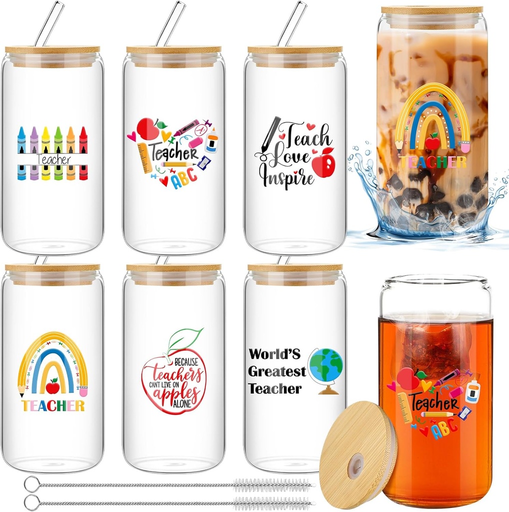 Maxcheck 6 Sets Gifts for Teacher Cups with Lid & Straw Christmas Teachers Appreciation Gifts Set 16 oz Glass Cup with Cleaning Brush