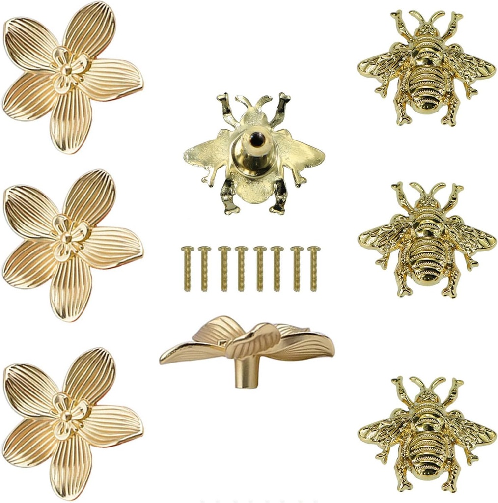 Flower Drawer Knobs Bee Cabinet Knobs Dresser Knob Furniture Kitchen Cupboard Drawer Pulls Handles for Wardrobe Door Pulls 8 Pcs(Gold)