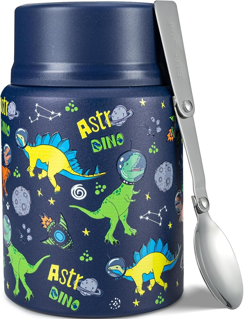 Charcy 17oz Thermo for Hot Food, Soup Thermo Food Container for Lunch Box with Folding Spoon ZB - Blue Dino TK