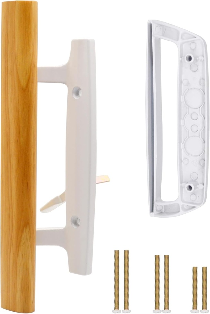 Sliding Glass Patio Door Handle Replacement Set with Oak Wood Inside Handles and Zinc Diecast Outside Pull, 3-15/16" Hole Spacing, Non-Handed, White