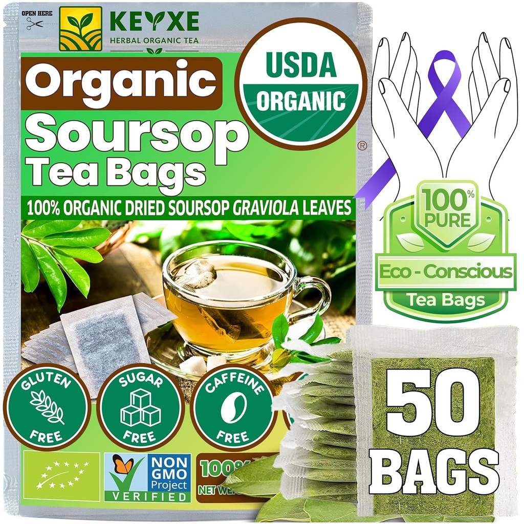 KEYXE - USDA Organic Soursop Graviola Leaves Tea 50 Bags. Non-GMO Verified , 100% Organic Soursop Leaves for Digestion, Boosting Immune, Improving Sleep & Skin Health, Gluten Free, Caffein Free , Hojas De Guanabana Tea Organica, Eco-Conscious Tea Bags