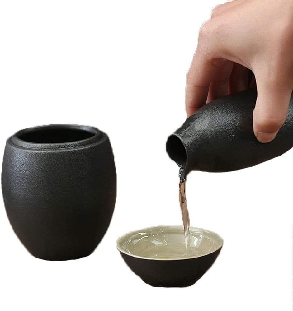Sake Wine Set, Wine Glass,Sake Set, 3-Piece Set Oval Black Glaze Texture Ceramic Cups, Crafts Wine Glasses, for Cold/Warm/Shochu/Tea Family and Friends Sake Set for Gift,Wine Bowls