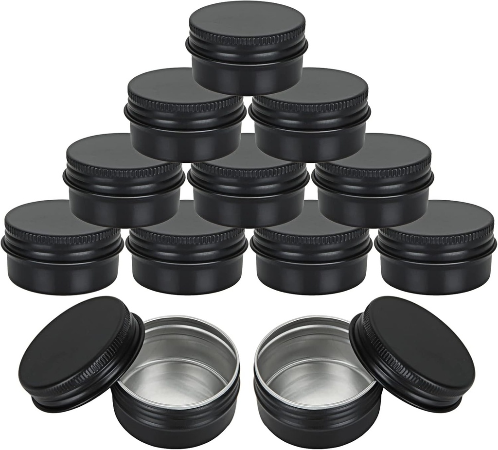 Acrux7 50 Pack 1oz Black Tins with Lids, 30 ml Aluminum Screw Top Tin Containers, Round Lip Balm Tins, Small Metal Storage Travel Tin Cans for Salves, Candles, Cream, Cosmetics, Spices (Black)