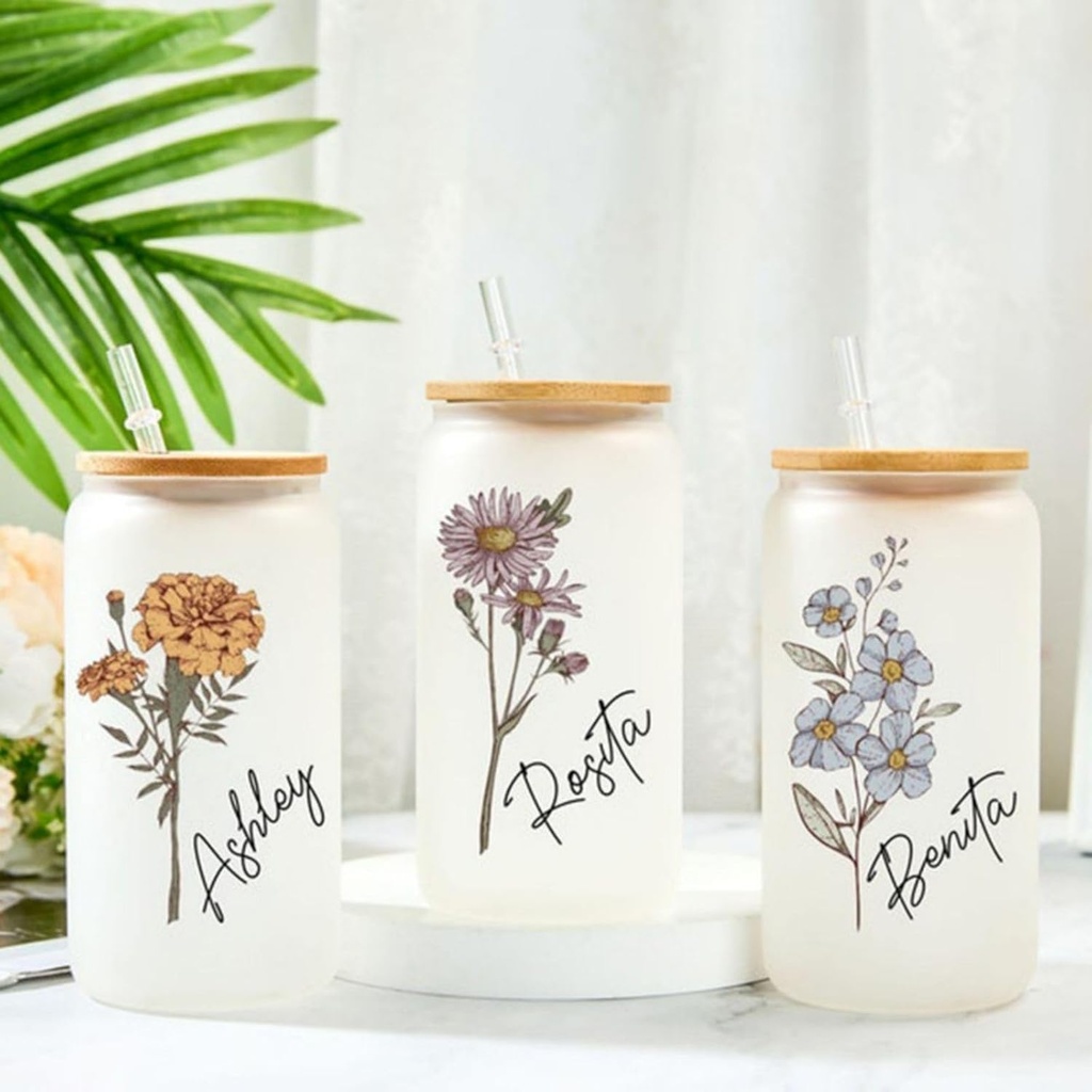 Drawelry Personalized Name Birth Flower Glass Cup, 16oz Can Shaped Cups with Lid And Straw, Drinking Beer Glass Iced Coffee Cute Tumbler Cup Christmas, Birthday Valentines Day for Women (Girl Friend)