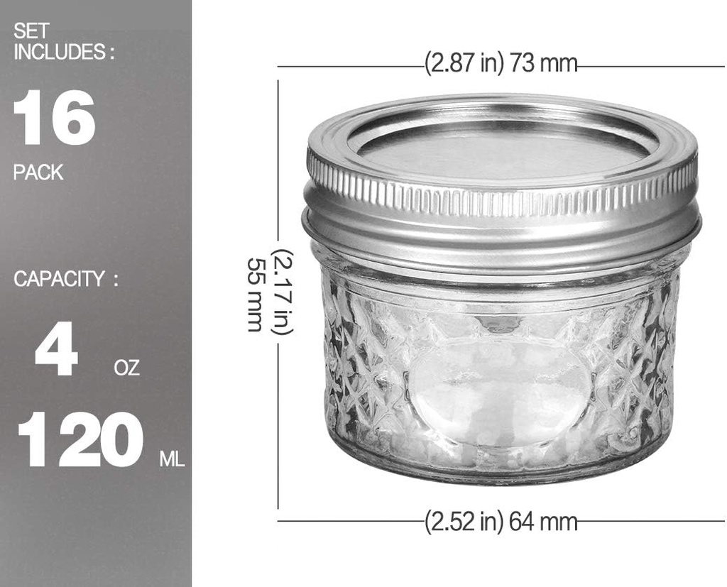 VERONES Mason/Canning Jars, 4 OZ Jelly Jars With Regular Lids and Bands, Ideal for Jam, Honey, Wedding/Shower Favors, DIY Spice Jars, 16 PACK, Extra 16 Lids