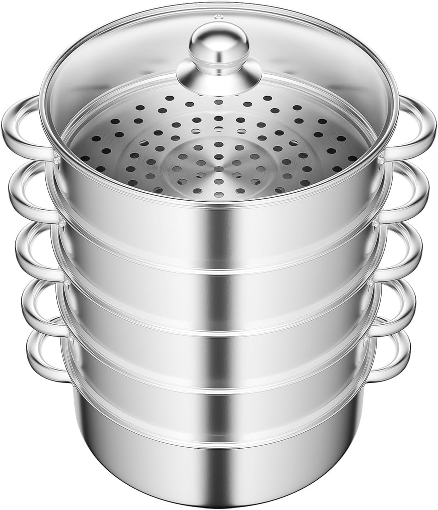 5-Tier Stainless Steel Steamer, 13.77 * 15.35inch Food Steaming Pot Meat Vegetable Cooking Steam Pot Multipurpose Steam Cookware Large Capacity Kitchen Tool with Lid for Steaming Pasta Dumplings