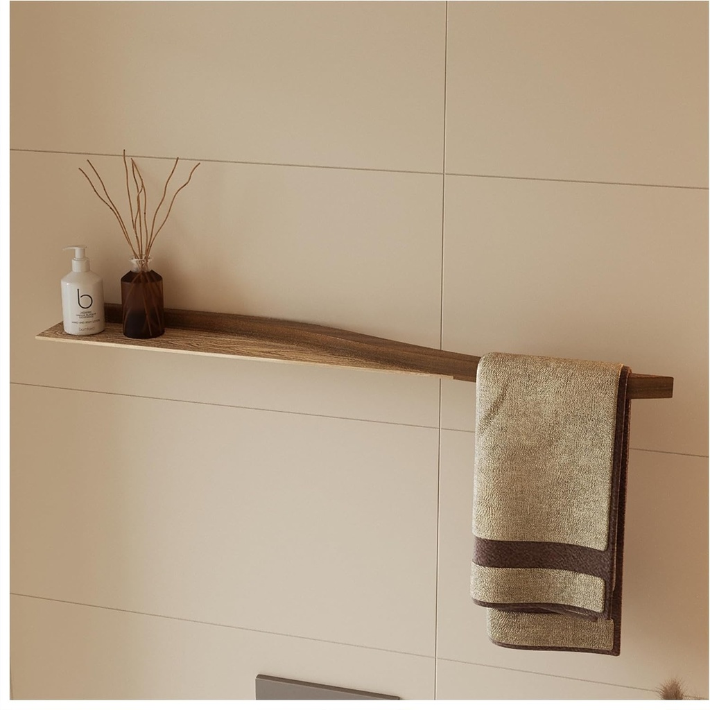 Towel Holder with Shelf, Wall Mounted Floating Handtowel Drying Rack Modern Style, Horizontal Bathroom Organizer (Walnut)
