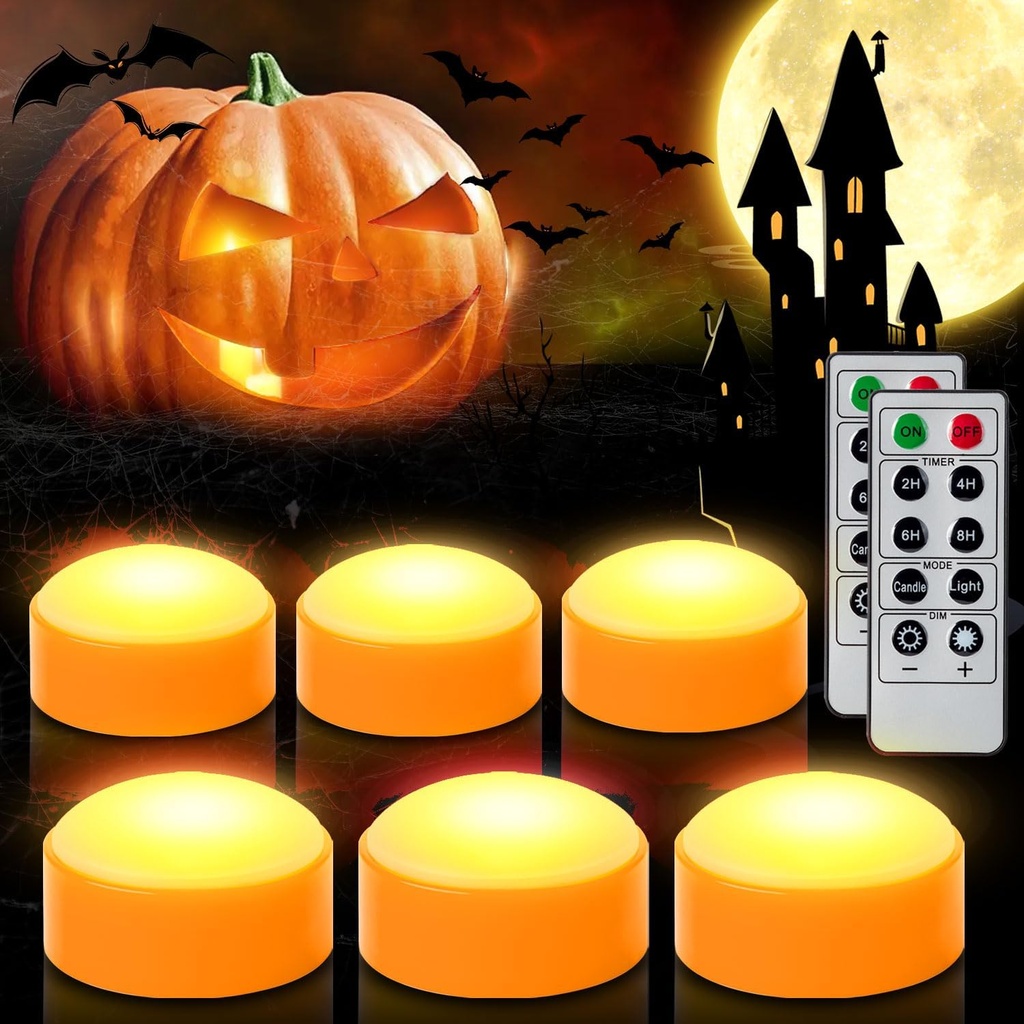 CANDLE IDEA 6 PCS Halloween Pumpkin LED Lights with Remote Timer Bright Flickering Battery Operated Jack-O-Lantern Electric Flameless Candles for Halloween Decorations Gift Supplies Orange Color