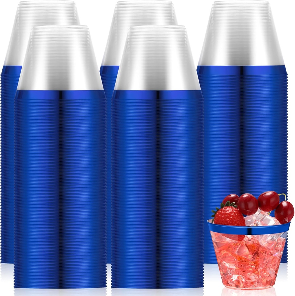 Lounsweer 100 Pcs 9oz Rimmed Plastic Cups Wedding Clear Cocktail Cups Heavy Duty Disposable Wine Glasses for Birthday Bridal Shower Baby Shower Holiday Celebrations(Blue)